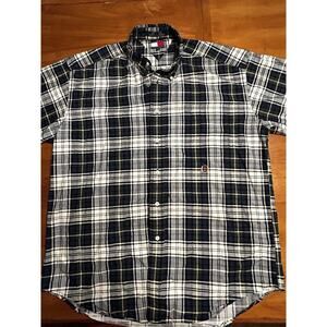 Vintage Tommy Hilfiger L/G Shirt Adult Medium Button Up Blue Plaid Short Sleeve